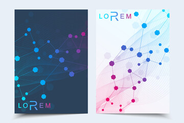 Wall Mural - Scientific brochure design template. Vector flyer layout, Molecular structure with connected lines and dots. Scientific pattern atom DNA with elements for magazine, leaflet, cover, poster design.