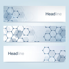 Poster - scientific set of modern vector banners. dna molecule structure with connected lines and dots. scien