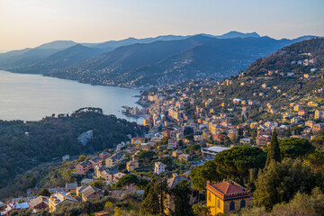 Wall Mural - Aerial view of Camogli, Genoa province, at sunset, Italy