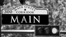 Greyscale Of Main Street Sign In Downtown Houston, Texas