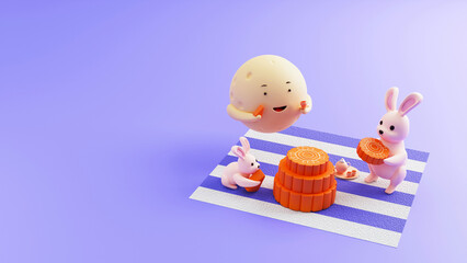 Poster - 3D Render of Bunnies or Rabbits, Happy Moon and Mooncakes for Mid Autumn Festival.