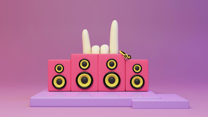 Canvas Print - 3D Rendering of Speakers, Headphone and Rocking Handgesture, Music Concept.