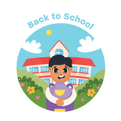 Poster - Back to school banner, happy school boy with bag and school on background for invitation, poster, banner, promotion,sale etc. School supplies cartoon illustration.