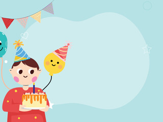 Wall Mural - Birthday Concept with Cute Boy Character, Cake, Stars and Smiley Balloons.