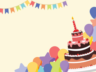 Wall Mural - Birthday Concept with Cake, Stars and Balloons.