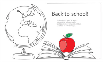 Poster - Back to school. One continuous line drawing of  globe ,open book,  and  apple. Study space desk concept. Back to school. Single line draw design vector illustration