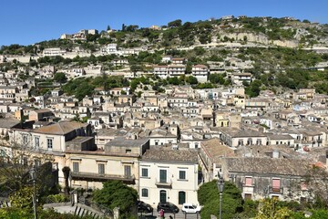 Poster - Residential area of Modica, Sicily in Italy, with old houses built on hillside. Sicilian heritage