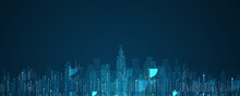Cityscape On Dark Blue Background With Bright Glowing Neon. Technology City Background