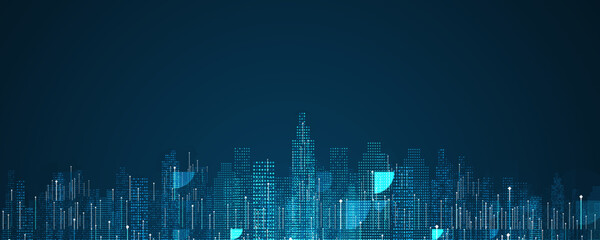 Cityscape on dark blue background with bright glowing neon. Technology city background