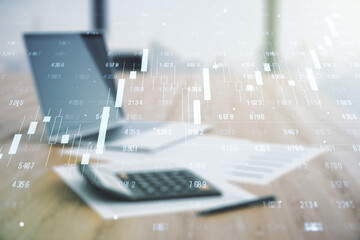 Poster - Double exposure of abstract creative statistics data hologram on calculator and pc background, analytics and forecasting concept
