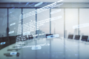 Aufkleber - Multi exposure of abstract creative coding sketch on a modern conference room background, artificial intelligence and neural networks concept