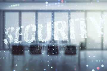 Poster - Virtual cyber security creative concept on a modern furnished office background. Double exposure