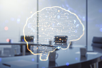 Aufkleber - Virtual creative artificial Intelligence hologram with human brain sketch on a modern conference room background. Multiexposure