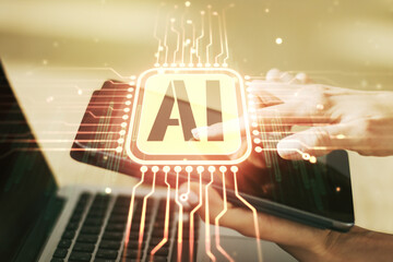 Aufkleber - Creative artificial Intelligence symbol concept with finger clicks on a digital tablet on background. Multiexposure
