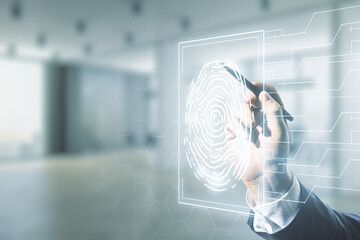 Aufkleber - Multi exposure of male hand with pen working with virtual creative fingerprint hologram on blurred office background, personal biometric data concept