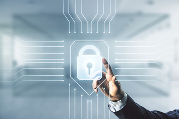 Aufkleber - Developer's hand clicks on virtual creative lock illustration with microcircuit on blurred office background, cyber security concept. Multiexposure