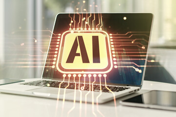 Poster - Creative artificial Intelligence symbol concept with modern laptop on background. Multiexposure