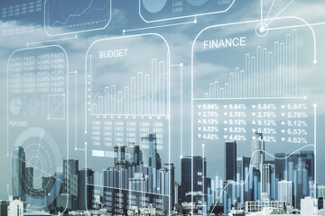 Poster - Abstract virtual stats data hologram on Los Angeles skyline background. Multiexposure