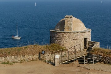 Sticker - View of old castle Fort La Latte is located on peninsula. Popular travel destination at French coast