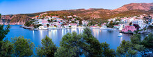 Multicolored Houses In The Fishing Village Of Assos At Dusk, Kefalonia, Ionian Islands, Greek Islands, Greece