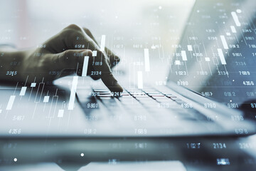 Poster - Double exposure of abstract creative statistics data hologram with hands typing on laptop on background, analytics and forecasting concept