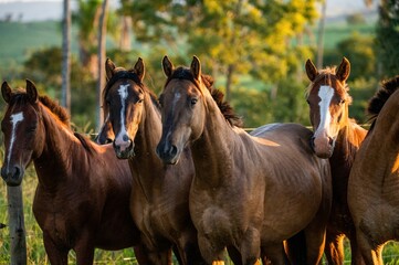 Sticker - Closeup shot of Criollo horses in a farm during sunset