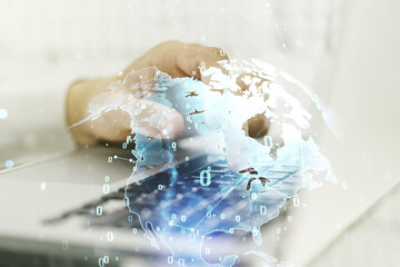 Aufkleber - Multi exposure of abstract graphic coding sketch with world map and hands typing on computer keyboard on background, big data and networking concept