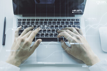Aufkleber - Multi exposure of stats data illustration with hands typing on computer keyboard on background, computing and analytics concept