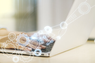 Poster - Creative abstract robotics technology sketch and hands typing on computer keyboard on background, future technology and AI concept. Double exposure