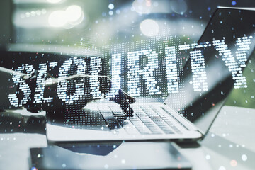 Aufkleber - Cyber security creative concept with hands typing on computer keyboard on background. Double exposure