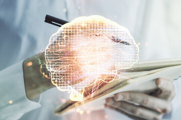 Poster - Creative artificial Intelligence concept with human brain hologram and man hand writing in notebook on background. Multiexposure