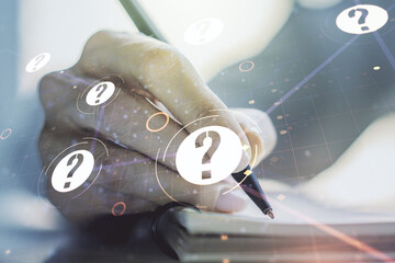 Aufkleber - Creative abstract question mark hologram and woman hand writing in diary on background, future technology concept. Multi exposure