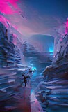 Fototapeta Młodzieżowe - Ice snow fantasy landscape, ice and neon light, neon sunset. Ice islands in the ocean, cold. Ice texture, cracked. Beautiful fantasy snowy winter landscape. 3D illustration.