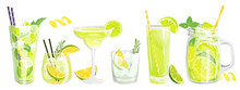 A Set Of Cocktails With Lime.Refreshing Drinks, Caipirinha, Gin And Tonic, Classic Mojito, Margarita, Lime Juice, Lemonade In A Jar. Vector Illustration.