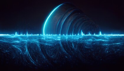 Poster - Abstract technology background with equalizer blue digital equalizer, light effect. Radial sound wave curve with light particles. 