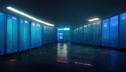 Canvas Print - Server room in a data center full of telecommunications equipment, big data storage concepts and cloud hosting technologies in blue color