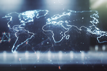 Poster - Multi exposure of abstract creative digital world map hologram on modern business center exterior background, research and analytics concept
