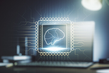 Aufkleber - Double exposure of creative human brain microcircuit with computer on background. Future technology and AI concept