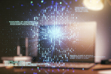 Poster - Creative concept of code skull illustration on modern laptop background. Hacking and phishing concept. Multiexposure