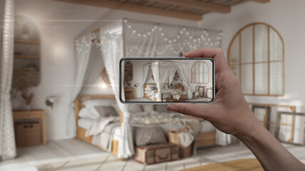 Wall Mural - hand holding smart phone, ar application, simulate furniture and interior design products in real ho