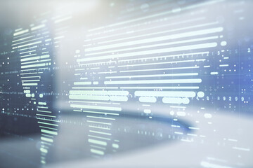 Poster - double exposure of abstract digital world map on empty modern office background, research and strate