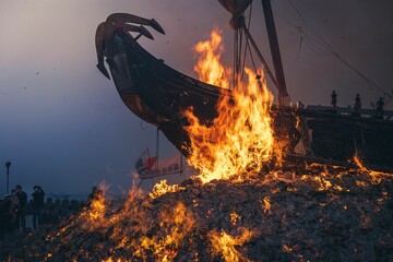 Wall Mural - Breathtaking view of a burning boat in the evening