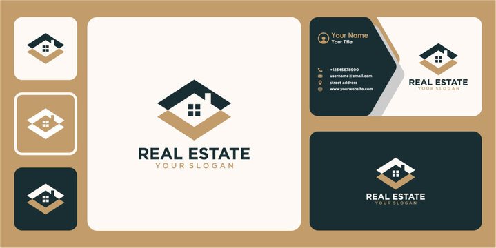 real estate logo design with home and business card
