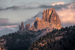 © robertharding - Sunset on 5 Torri (Five Towers) mountains in the Dolomites with some colored clouds, Dolomites, Italy