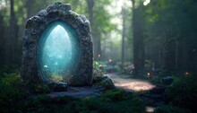 A Magical, Fantastic Dense Green Forest. A Blue Portal Is Visible Between The Trees. Fantastic Landscape. Fabulous Illustration. 3D Artwork