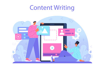Poster - Content manager concept. Idea of digital strategy and content production