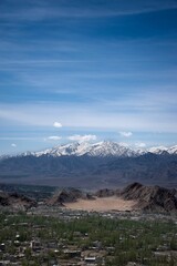 Wall Mural - Aerial view of a landscape against a snowy mountain's peak in Ladakh