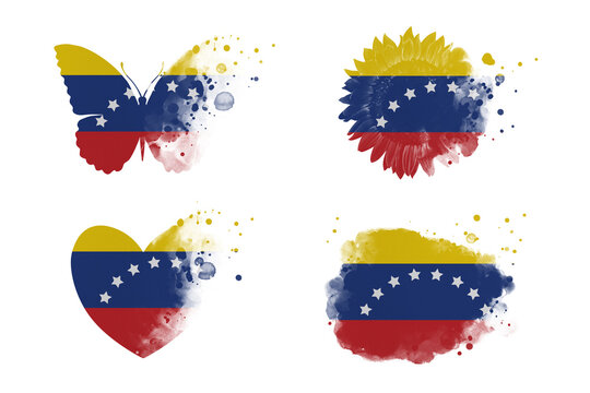 Sublimation backgrounds different forms on white background. Artistic shapes set in colors of national flag. Venezuela
