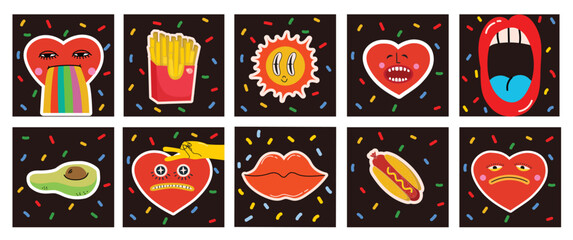 Sticker - Big Set of Different colored Vector illustartions for posters in Cartoon Flat design. Hand drawn Abstract shapes, faces, different texture funny Comic characters.