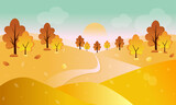 Rural autumn landscape with trees, fields,hills and falling leaves.Autumn background.Vector illustration.